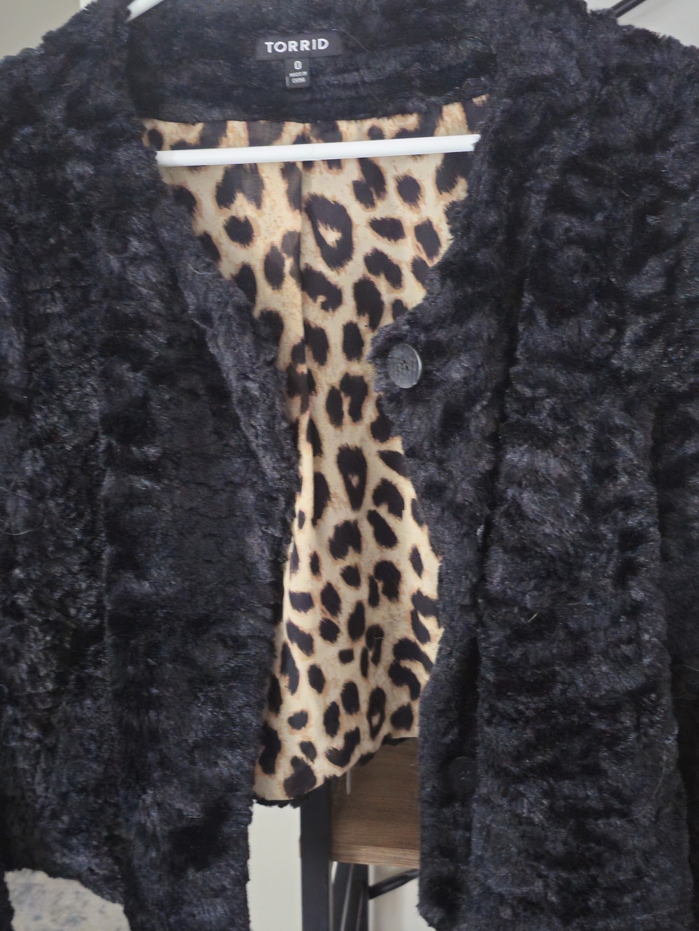 torrid Black Faux Fur Teddy Jacket with Leopard Lining